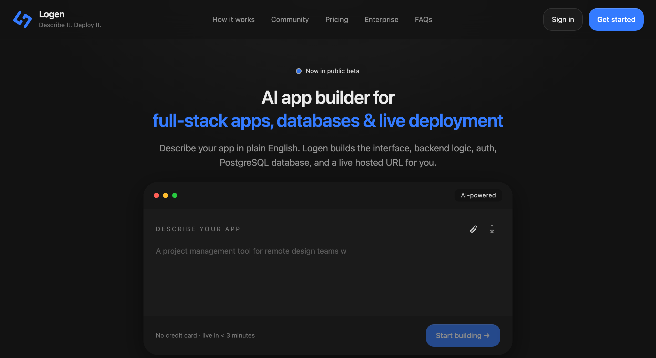 Logen: describe an app in plain English and it builds and deploys a full-stack app