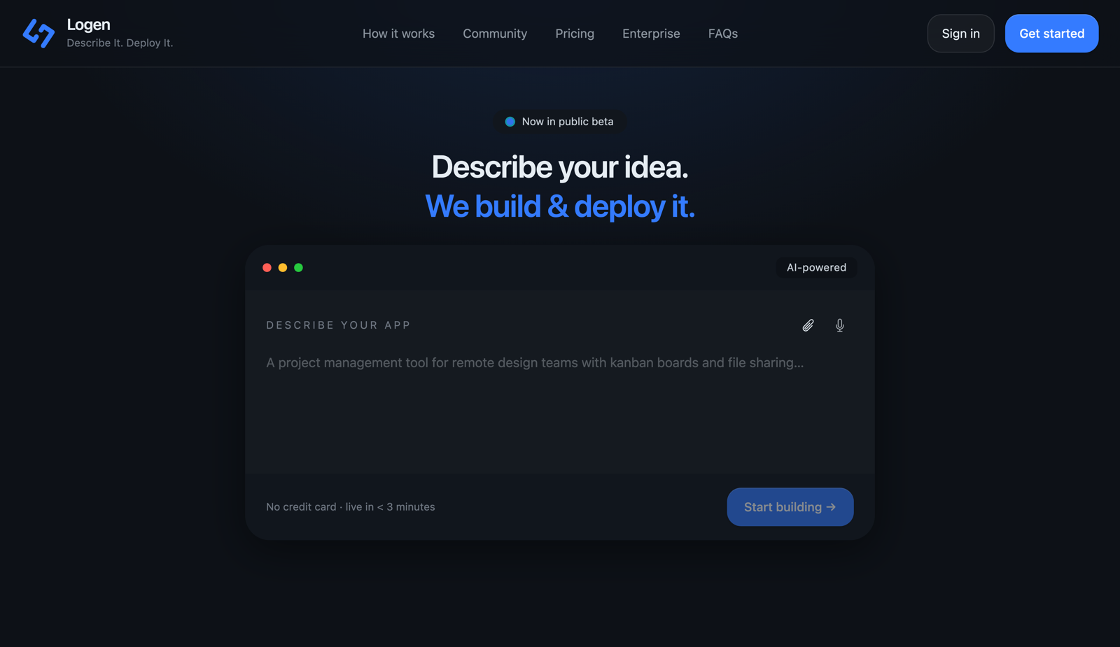 The Logen app: a text box to describe your app in plain English, with a Start building button