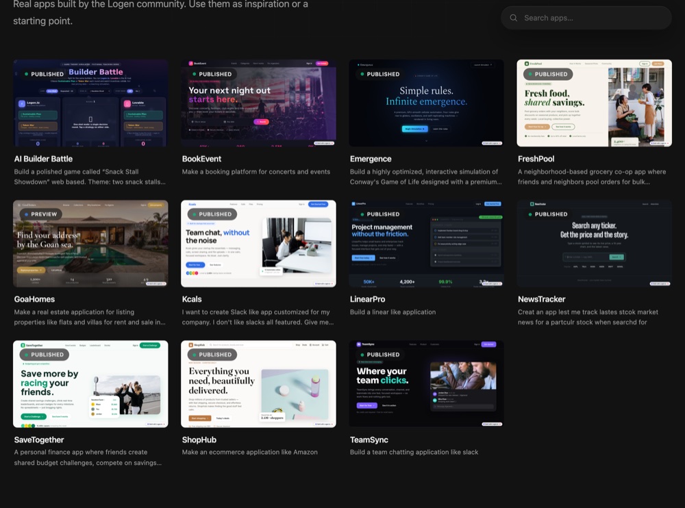 A grid of real web apps built and deployed on Logen by the community